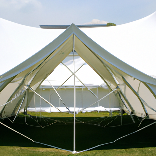 צילום חלל אירועים חיצוני עם מבנה גג לבן גדול דמוי אוהל המעניק צל והגנה מפני פגעי מזג האוויר.