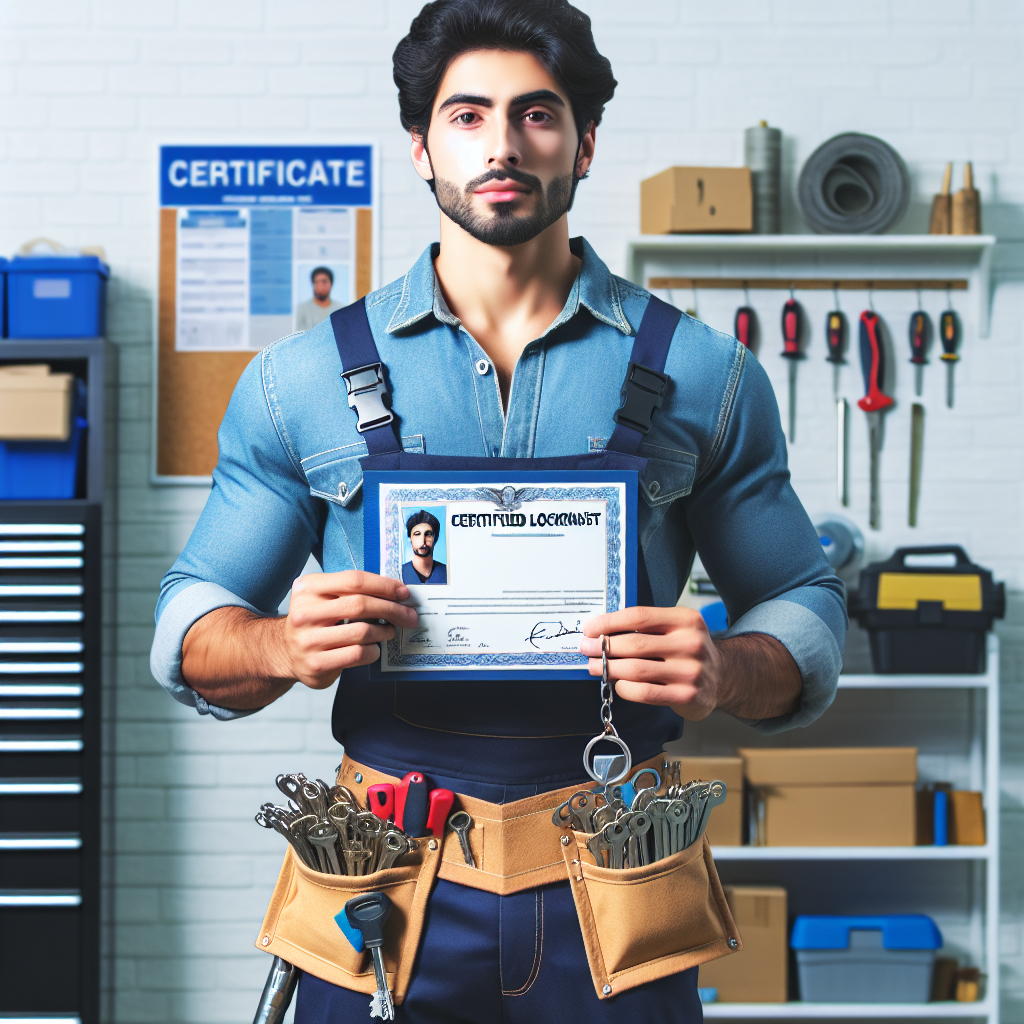 תמונה של מנעולן מוסמך עם תעודת מקצוע ותעודת זהות.